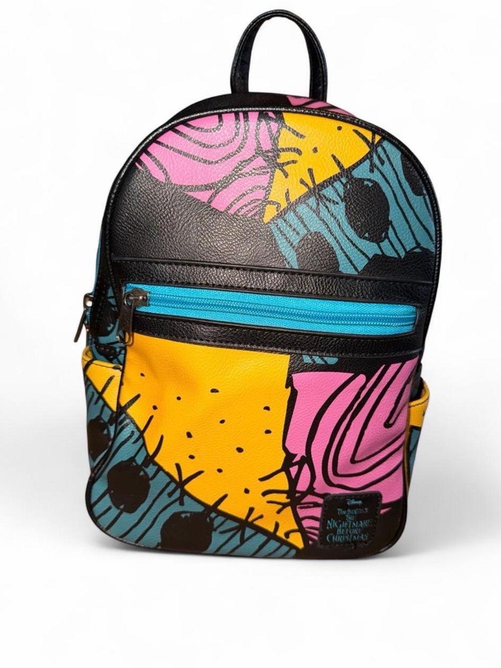 Disney Mini Backpack with Black, Pink, Yellow, Teal Patchwork Design